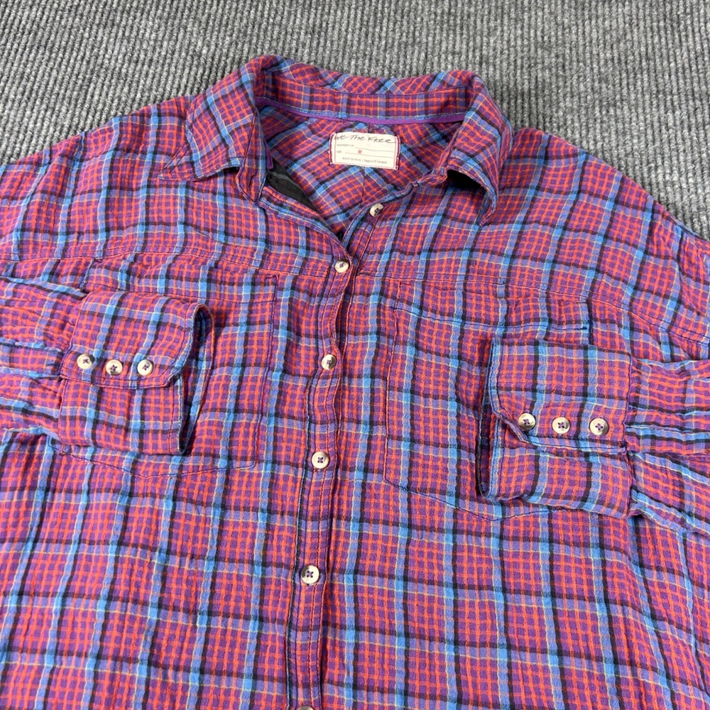 We The Free Free People Shirt Women's M Red Blue Plaid Flannel Button Down